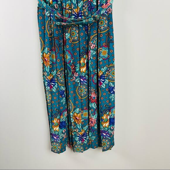 Vintage green purple floral 80s pleated belted button boho office midi dress 12 - Picture 4 of 9